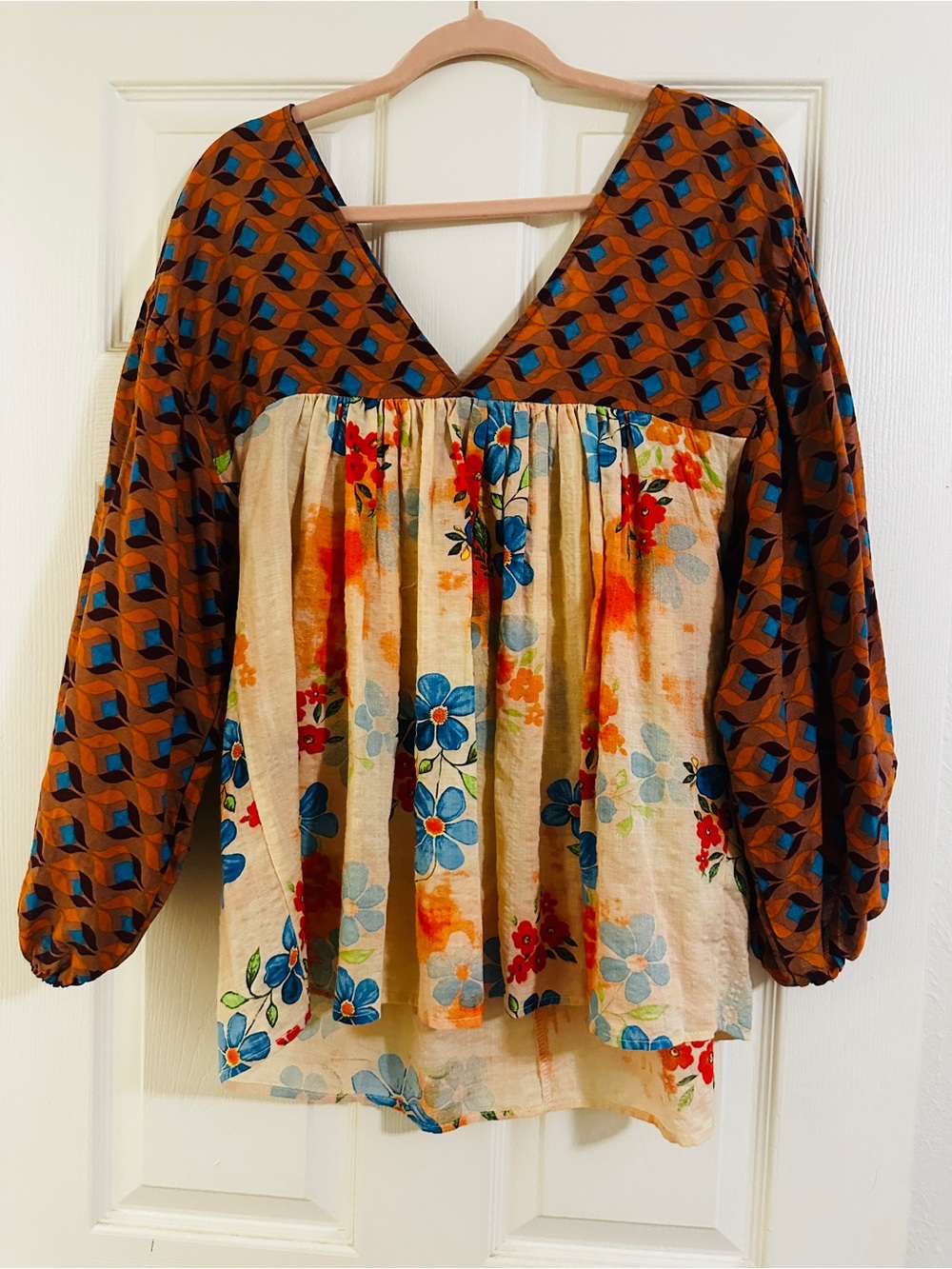 BUCKETLIST Mixed-Print Boho Peasant Top in Tan, Blue and Brown